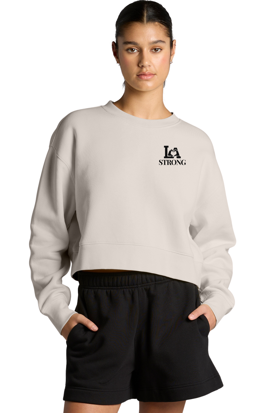 Women's Relaxed Cropped Crewneck Sweatshirt - LA STRONG - Left Chest